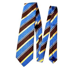 Italian silk tie by Kolte, diagonal wide stripes in blue, brown with orange,